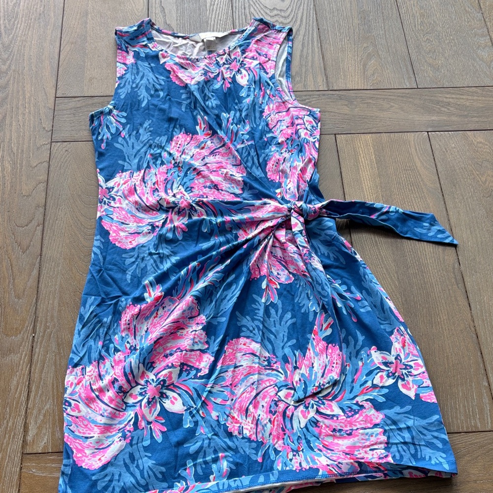 Lilly Pulitzer Blue Pink Floral Tie-Waist Sleeveless Dress